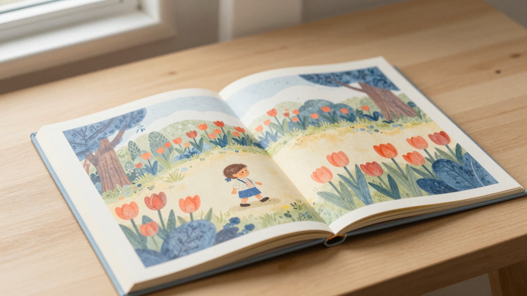 An open storybook on a wooden table, showing an illustrated child character walking through a garden of tulips