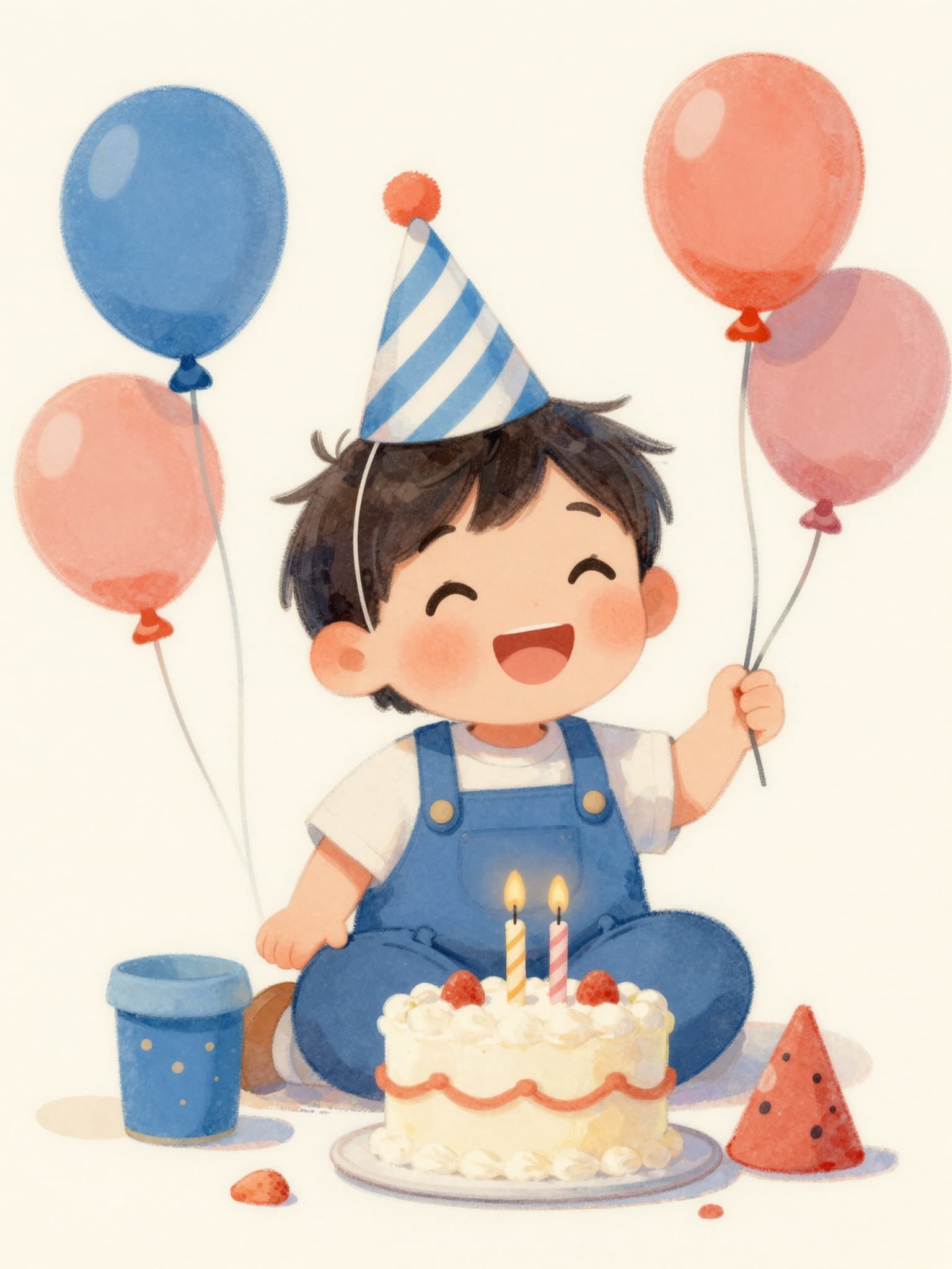 Illustrated storybook cover of a child wearing a party hat surrounded by balloons and a birthday cake