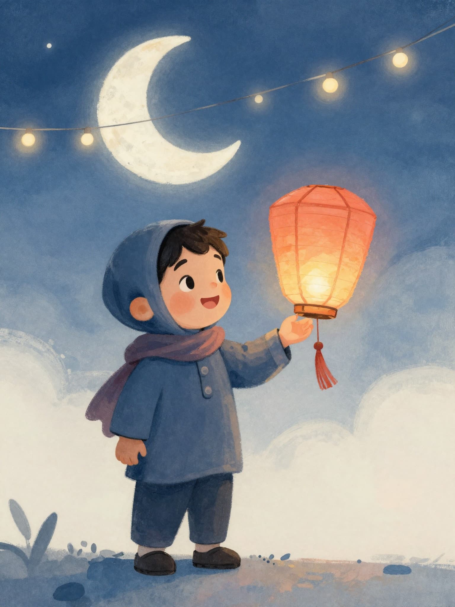 Illustrated storybook cover of a child holding a paper lantern under a crescent moon for Eid