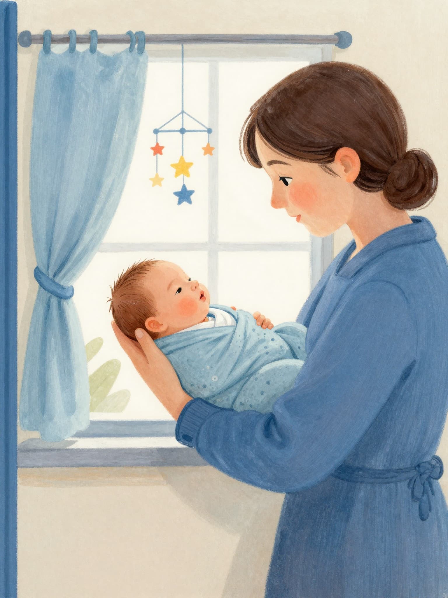 Illustrated storybook cover of a parent holding a newborn baby by a nursery window